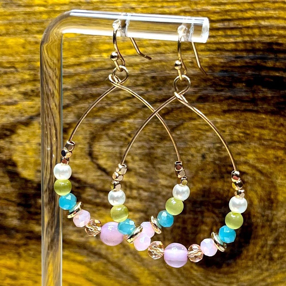 Multicolor Beaded Rose Gold Dangling Earrings - Picture 1 of 6